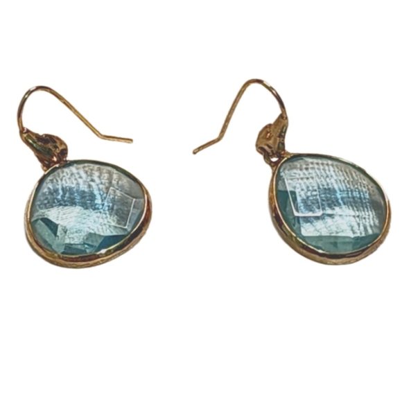 VINTAGE BLUE TOPAZ ROUND BEZEL DROP EARRINGS GOLD PLATED 1980s - Picture 1 of 11